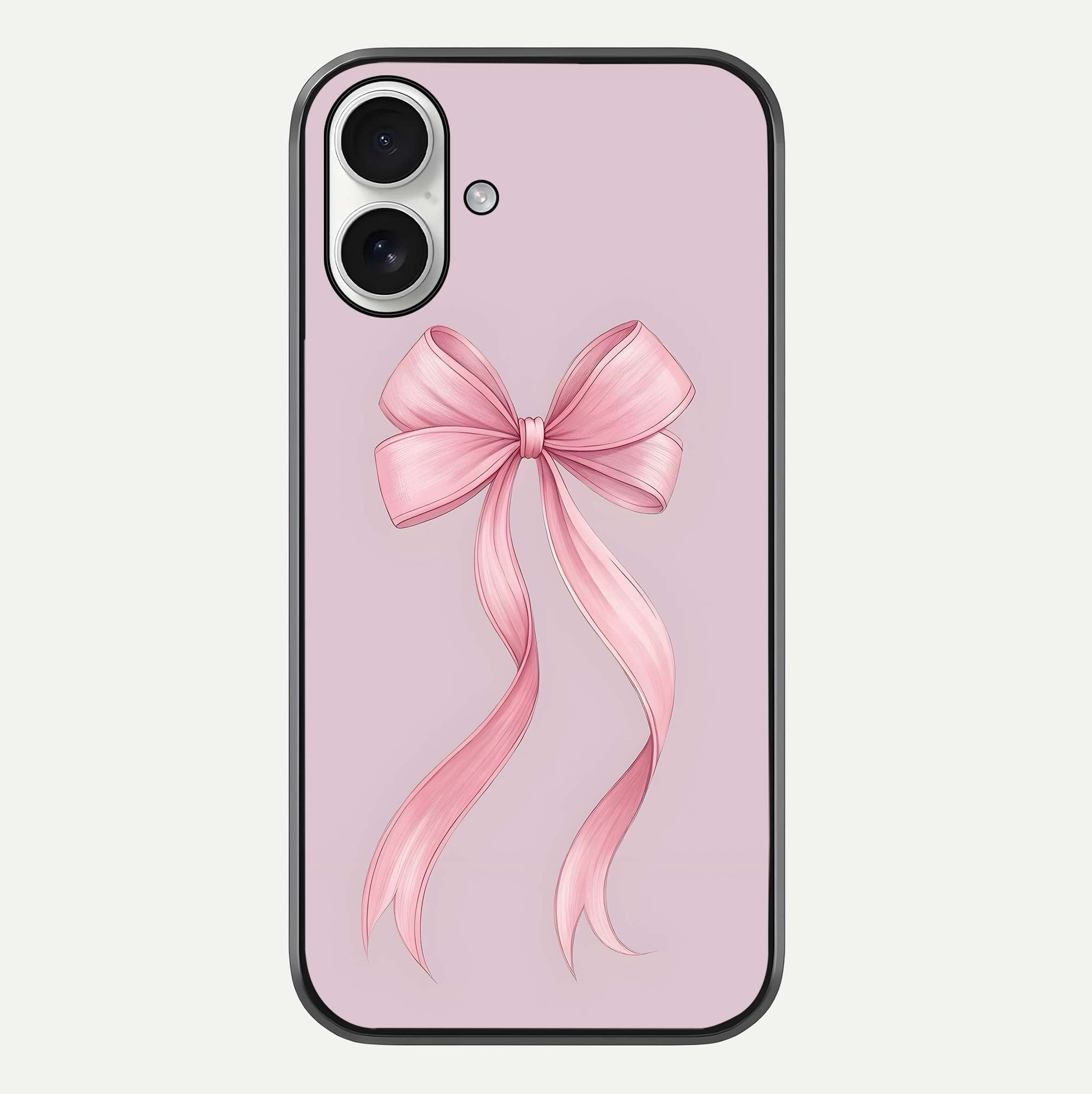 Soft Blush Bow iPhone 17 glass phone case front view showcasing soft blush tones with elegant bow design