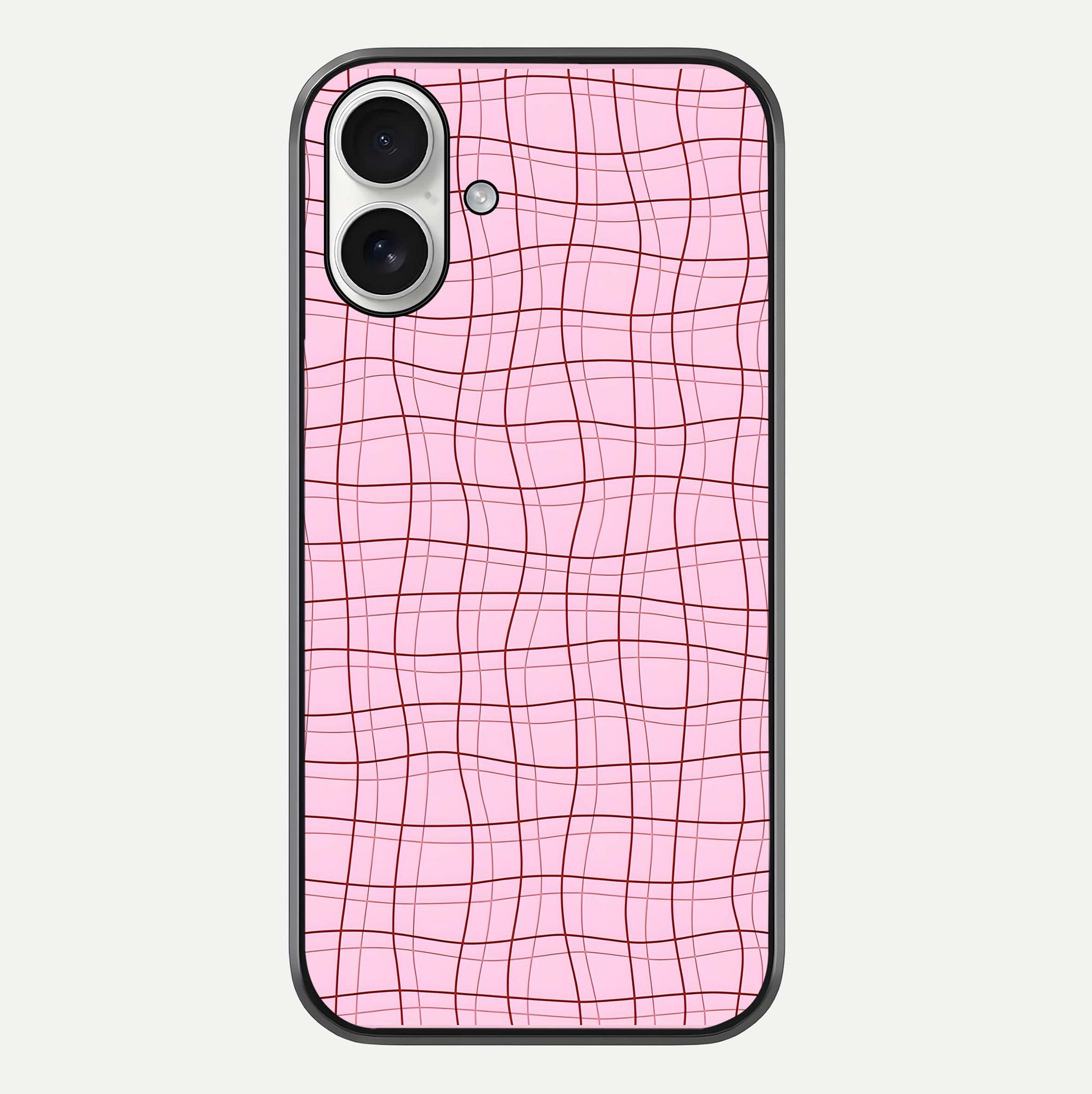 Soft Grid Bliss iPhone 17 glass phone case front view showcasing minimal grid pattern with soft aesthetic