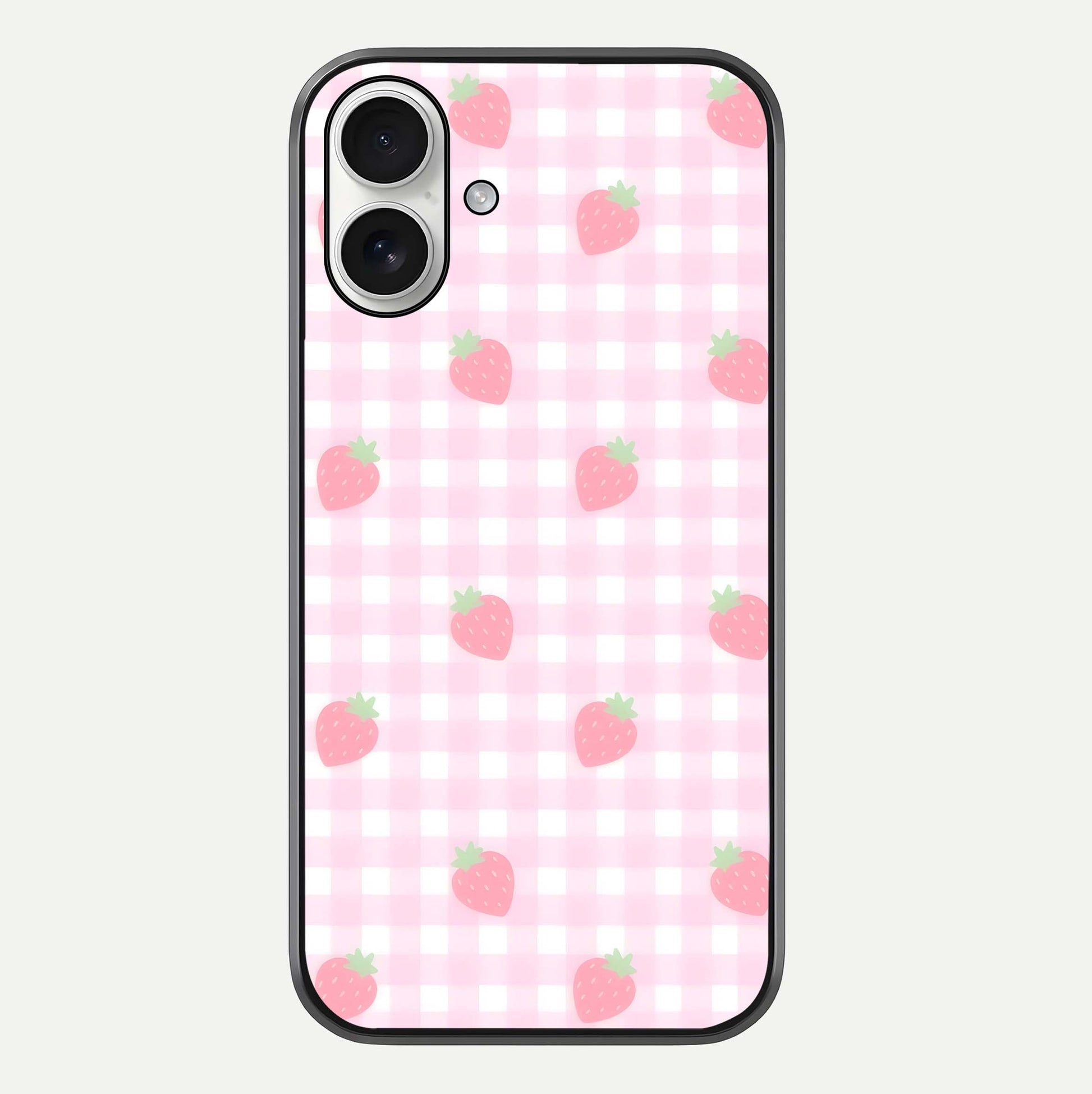 Strawberry Picnic Love iPhone 17 glass phone case front view featuring cute strawberry picnic artwork with romantic vibe