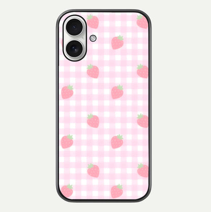 Strawberry Picnic Love iPhone 17 glass phone case front view featuring cute strawberry picnic artwork with romantic vibe