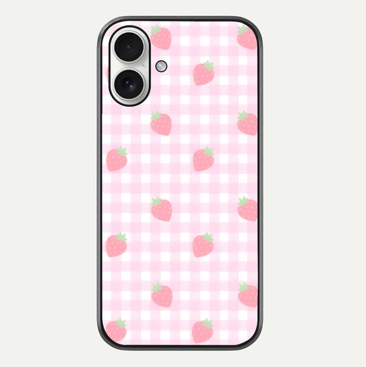 Strawberry Picnic Love iPhone 17 glass phone case front view featuring cute strawberry picnic artwork with romantic vibe