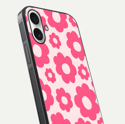 Blush Flower Pop iPhone 17 glass phone case angled back view highlighting bright floral pop design and side grip texture