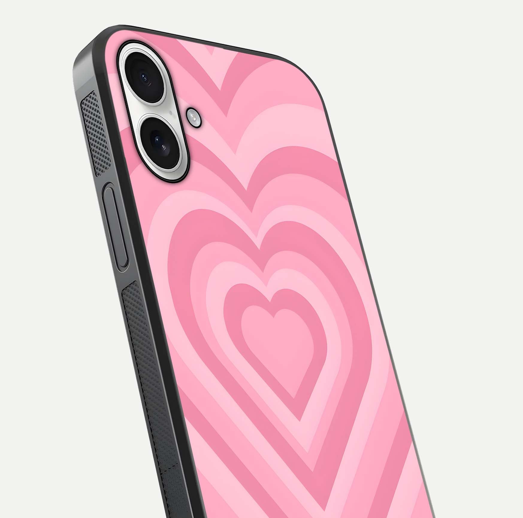 Blush Heart Waves iPhone 17 glass phone case angled back view highlighting romantic heart wave artwork and grip texture