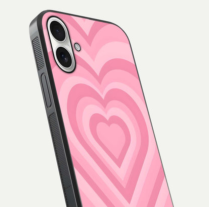 Blush Heart Waves iPhone 17 glass phone case angled back view highlighting romantic heart wave artwork and grip texture