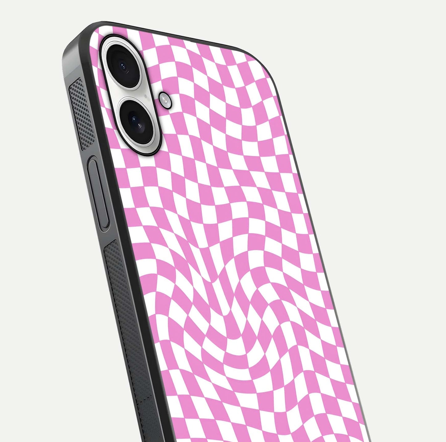 Bubblegum Check Wave iPhone 17 glass phone case angled back view highlighting check wave artwork and side grip texture