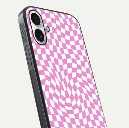 Bubblegum Check Wave iPhone 17 glass phone case angled back view highlighting check wave artwork and side grip texture