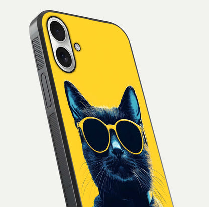 Cool Cat Vibes iPhone 17 glass phone case angled back view highlighting cat artwork and textured side grip
