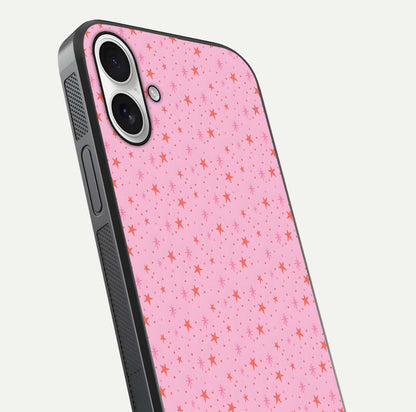 Cosmic Pink Sparkle iPhone 17 glass phone case angled back view highlighting sparkling galaxy design and textured side grip