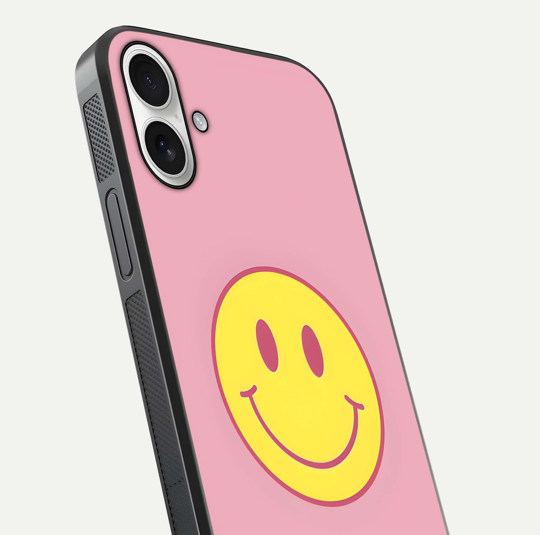 Happy Pink Mood iPhone 17 glass phone case angled back view highlighting bright pink artwork and side grip texture