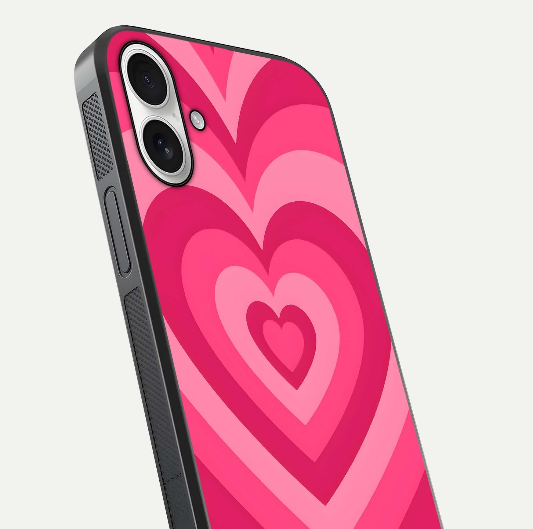 Layered Love Hearts iPhone 17 glass phone case angled back view highlighting heart artwork and textured grip edges