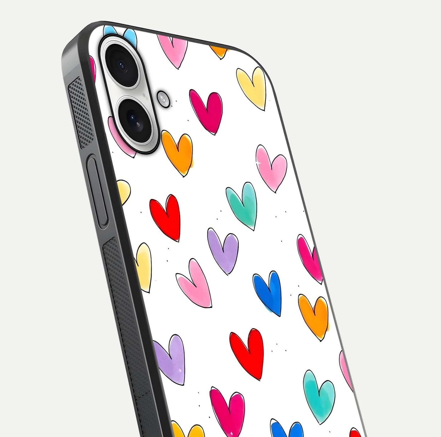 Playful Love Doodles iPhone 17 glass phone case angled back view highlighting doodle artwork and textured grip edges
