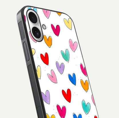 Playful Love Doodles iPhone 17 glass phone case angled back view highlighting doodle artwork and textured grip edges