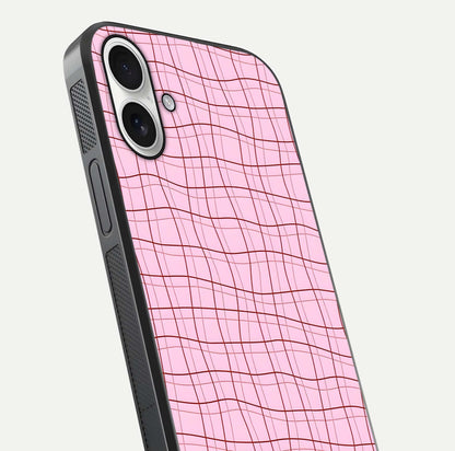 Soft Grid Bliss iPhone 17 glass phone case angled back view highlighting grid artwork and side grip texture