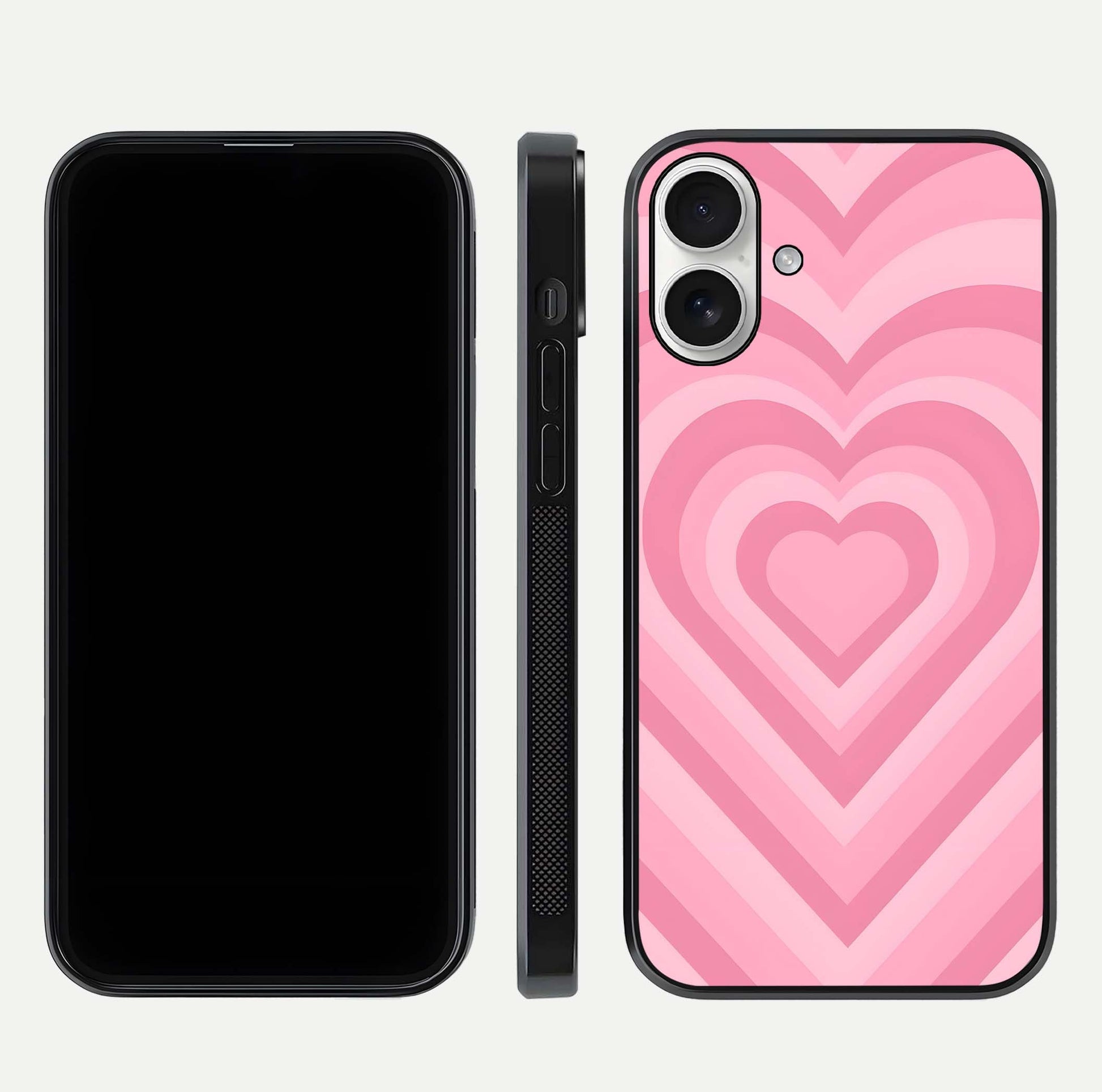 Blush Heart Waves iPhone 17 glass phone case front and side layout view displaying slim frame and full heart pattern