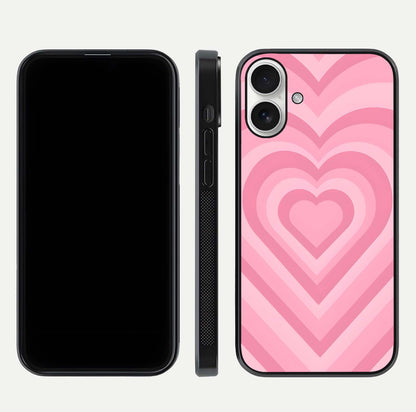Blush Heart Waves iPhone 17 glass phone case front and side layout view displaying slim frame and full heart pattern