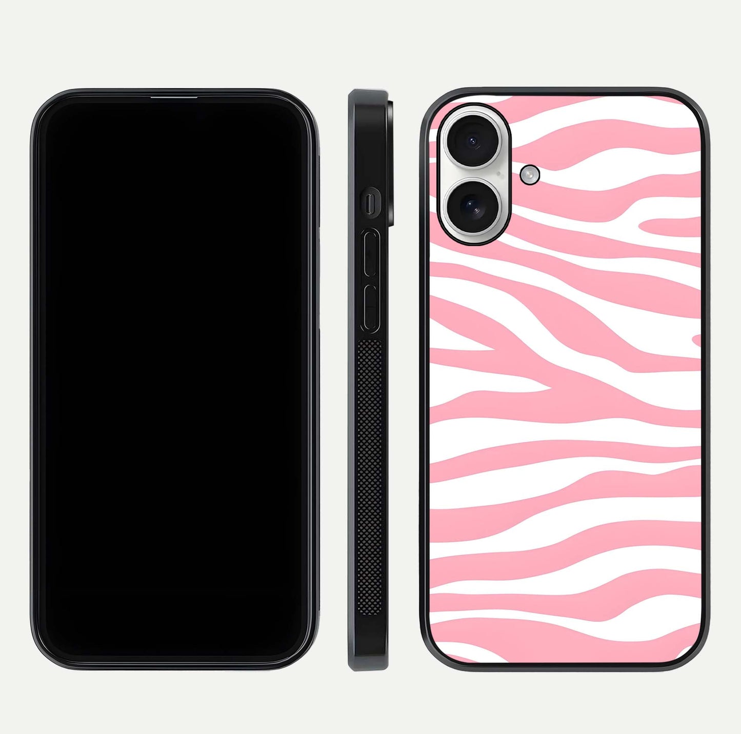 Blush Zebra Flow iPhone 17 glass phone case front and side layout view showing slim build and flowing pattern coverage