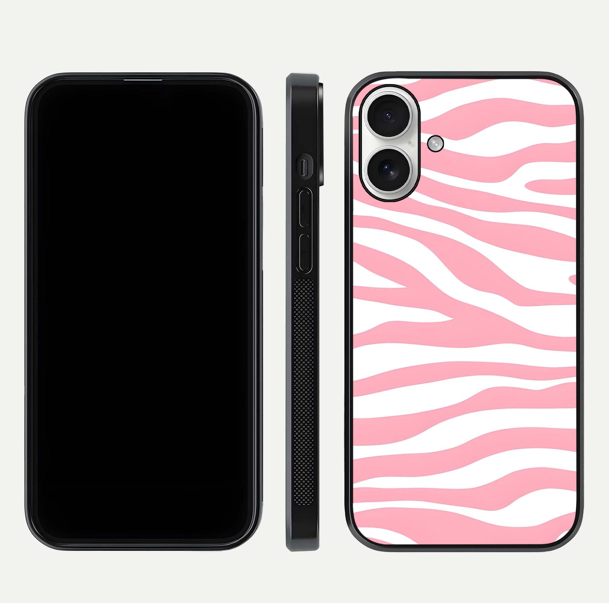 Blush Zebra Flow iPhone 17 glass phone case front and side layout view showing slim build and flowing pattern coverage