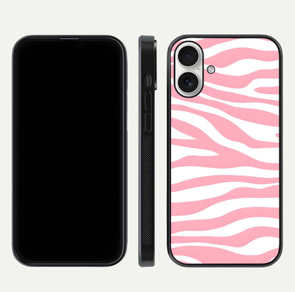 Blush Zebra Flow iPhone 17 glass phone case front and side layout view showing slim build and flowing pattern coverage