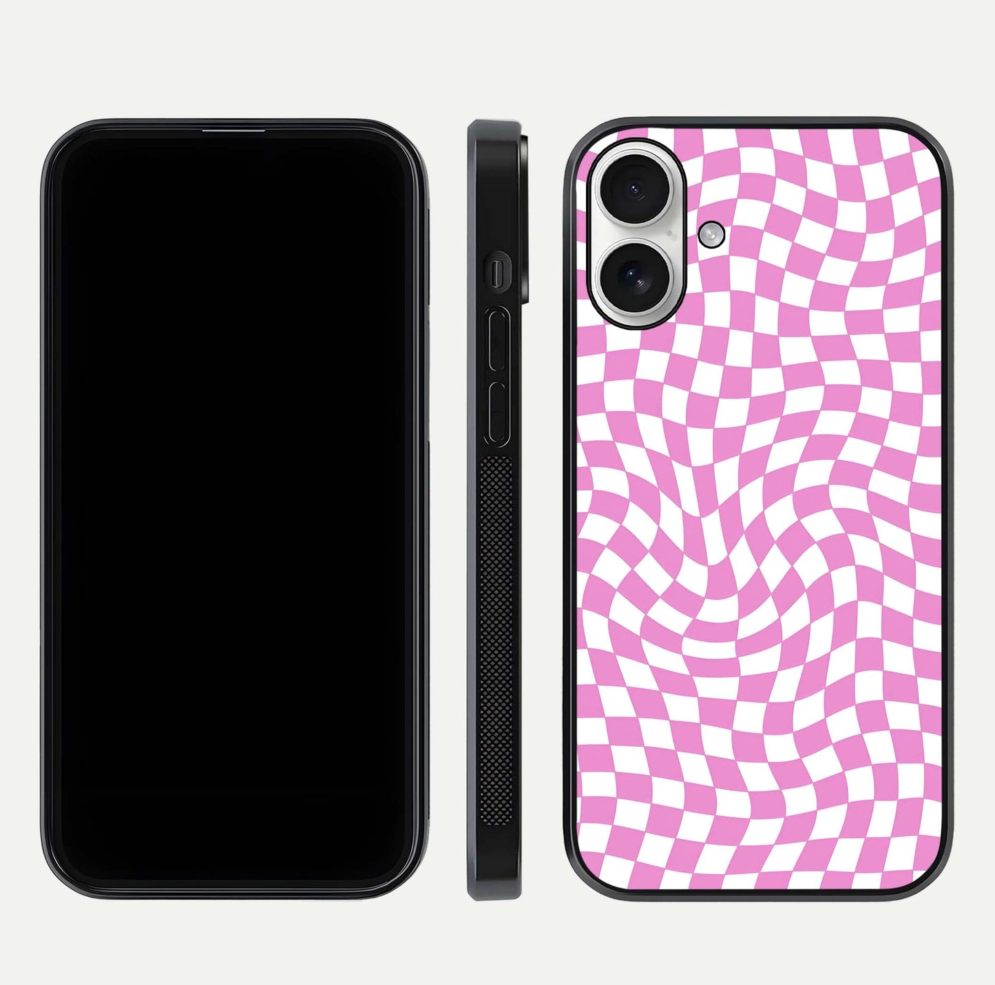 Bubblegum Check Wave iPhone 17 glass phone case front and side layout view displaying slim profile and full pattern coverage