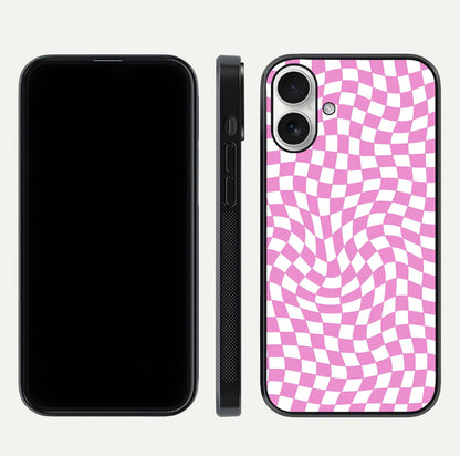 Bubblegum Check Wave iPhone 17 glass phone case front and side layout view displaying slim profile and full pattern coverage