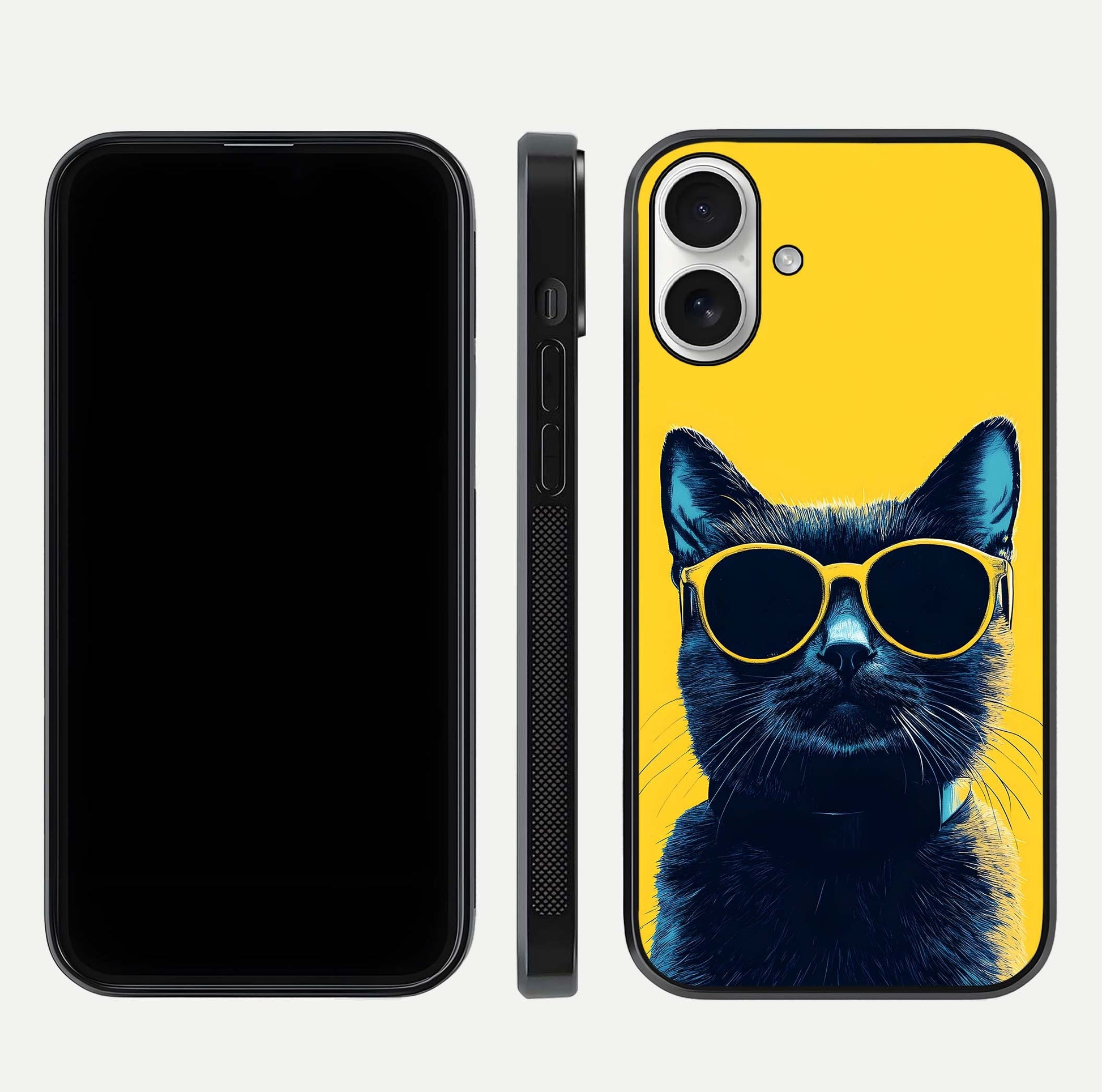 Cool Cat Vibes iPhone 17 glass phone case front and side layout view showing slim frame and full design coverage