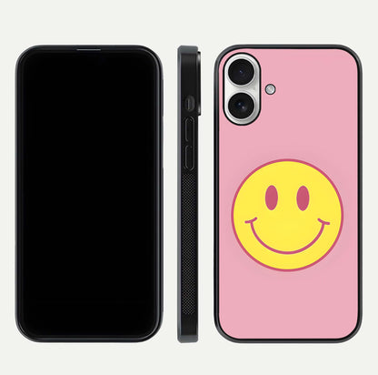 Happy Pink Mood iPhone 17 glass phone case front and side layout view showing slim build and full pink coverage