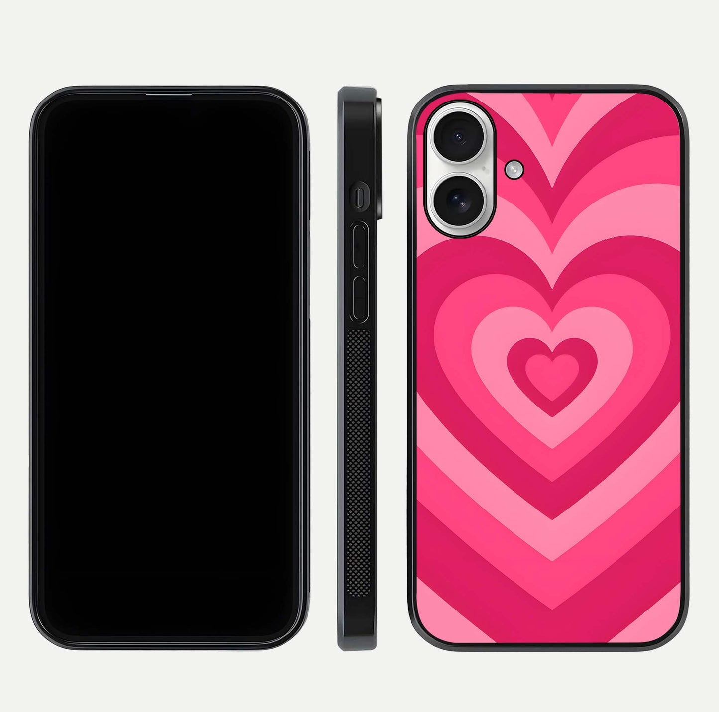 Layered Love Hearts iPhone 17 glass phone case front and side layout view displaying slim profile and full heart design