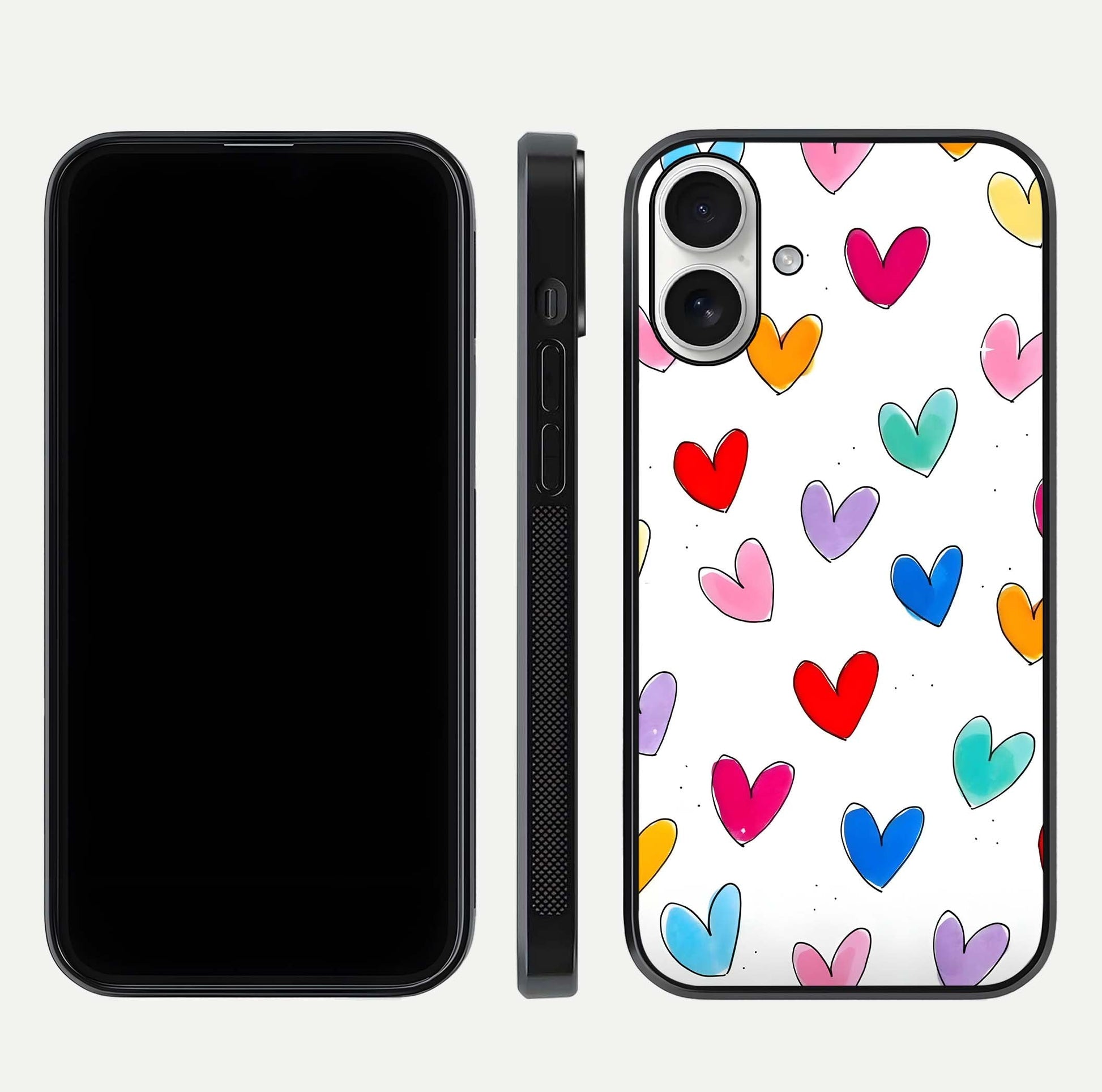 Playful Love Doodles iPhone 17 glass phone case front and side layout view showing slim build and full doodle coverage