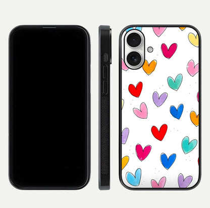 Playful Love Doodles iPhone 17 glass phone case front and side layout view showing slim build and full doodle coverage