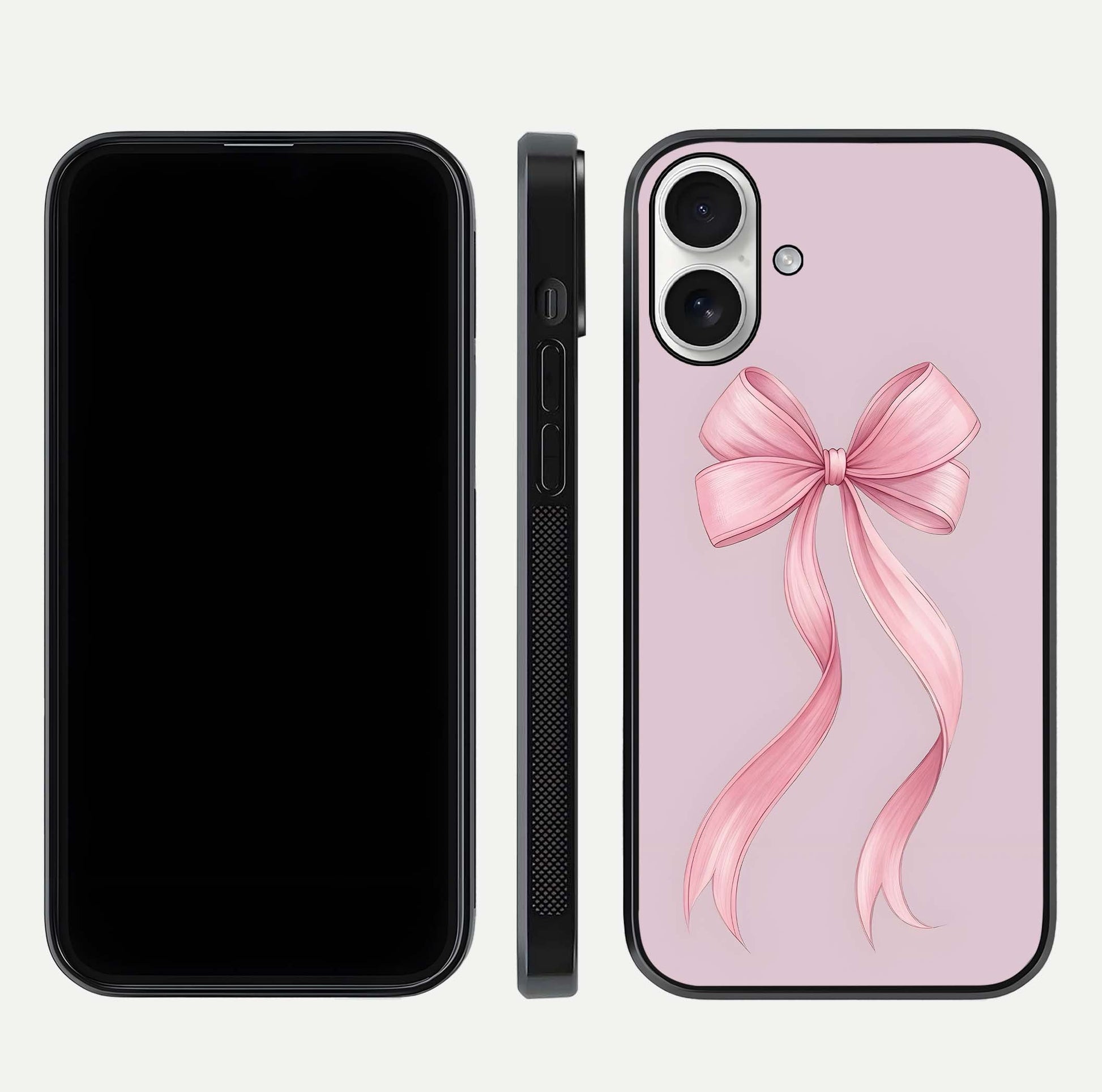 Soft Blush Bow iPhone 17 glass phone case front and side layout view displaying slim profile and gentle aesthetic