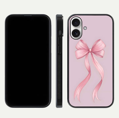Soft Blush Bow iPhone 17 glass phone case front and side layout view displaying slim profile and gentle aesthetic