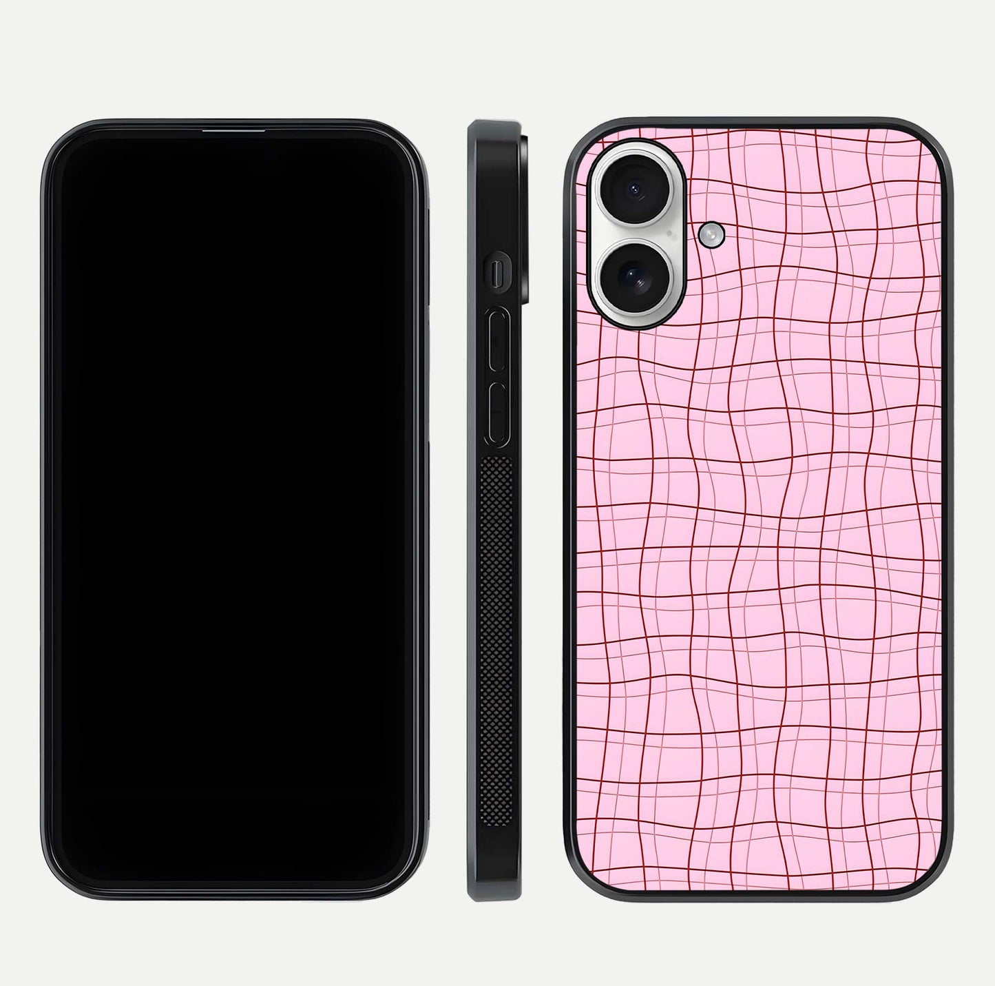 Soft Grid Bliss iPhone 17 glass phone case front and side layout view displaying slim profile and clean design