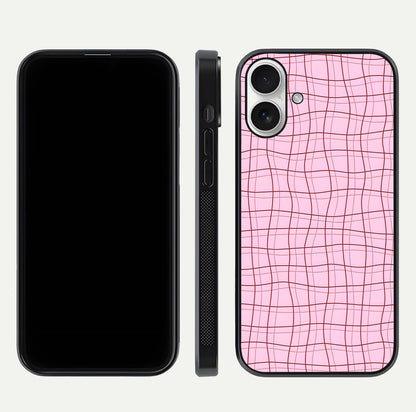 Soft Grid Bliss iPhone 17 glass phone case front and side layout view displaying slim profile and clean design