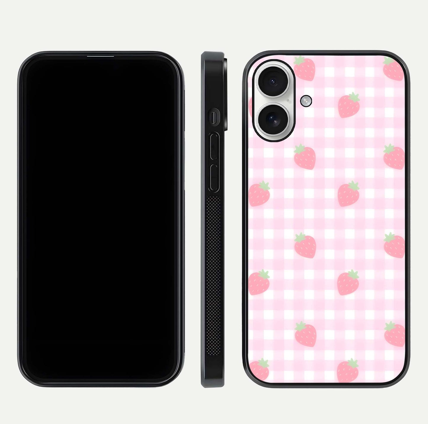 Strawberry Picnic Love iPhone 17 glass phone case front and side layout view showing slim profile and full picnic design