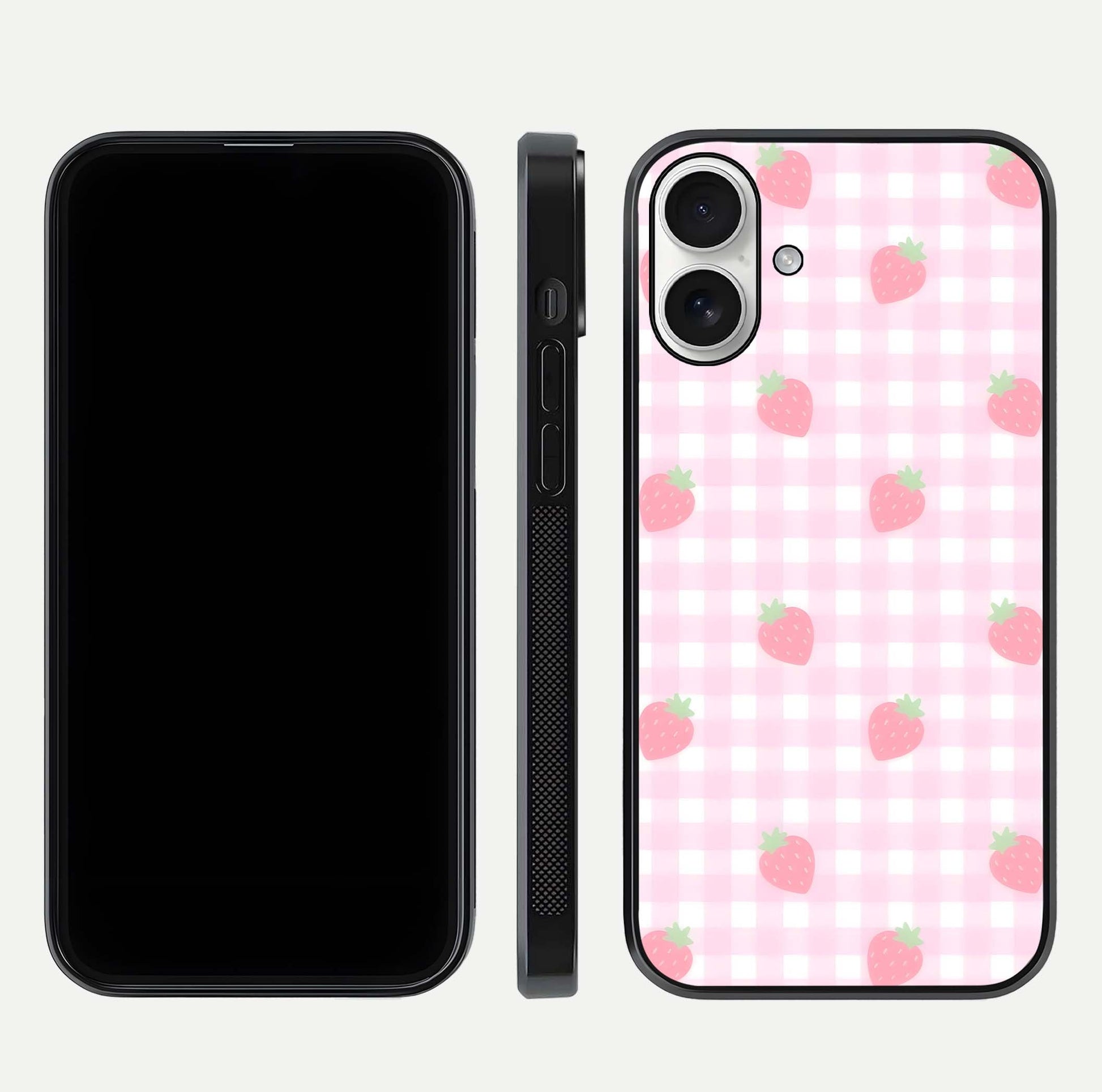 Strawberry Picnic Love iPhone 17 glass phone case front and side layout view showing slim profile and full picnic design