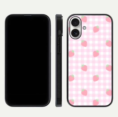 Strawberry Picnic Love iPhone 17 glass phone case front and side layout view showing slim profile and full picnic design
