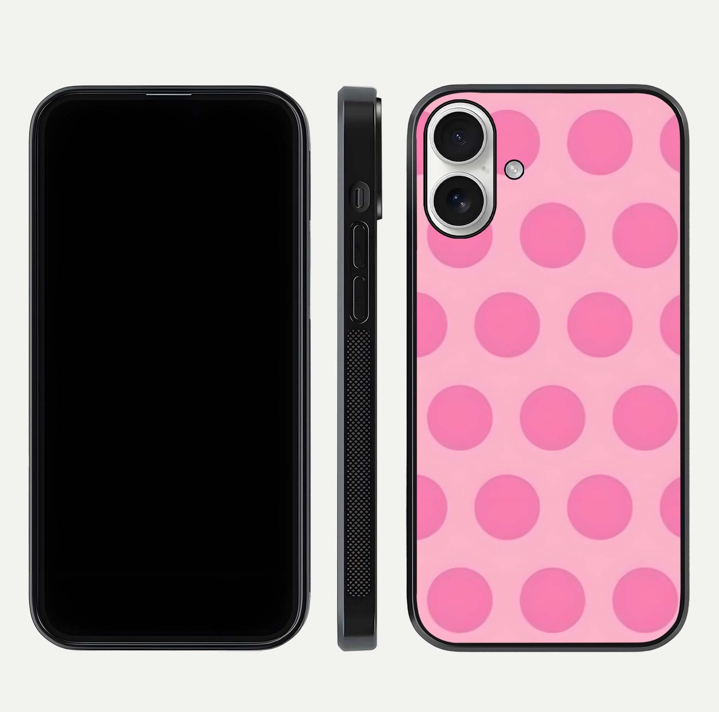 Sweet Dot Dreams iPhone 17 glass phone case front and side layout view displaying slim build and full dot design