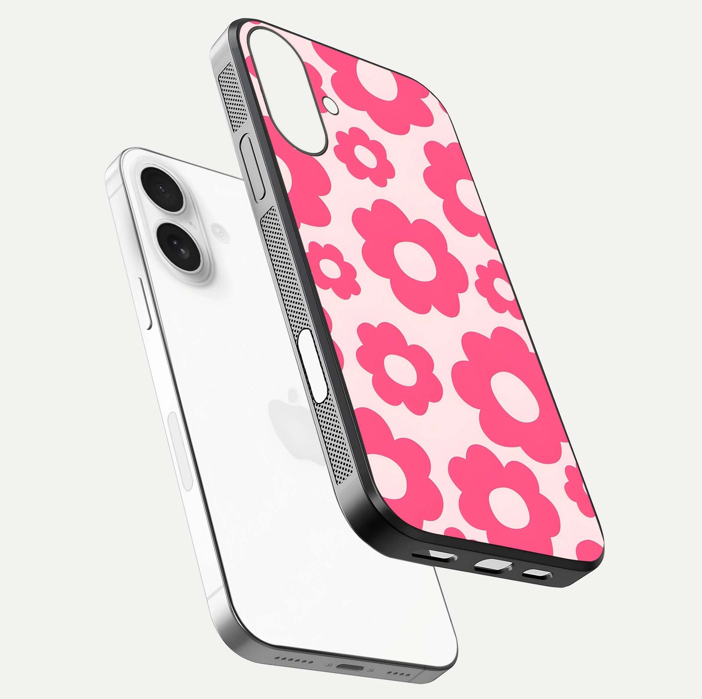 Blush Flower Pop iPhone 17 glass phone case floating view emphasizing premium build and vibrant flower artwork