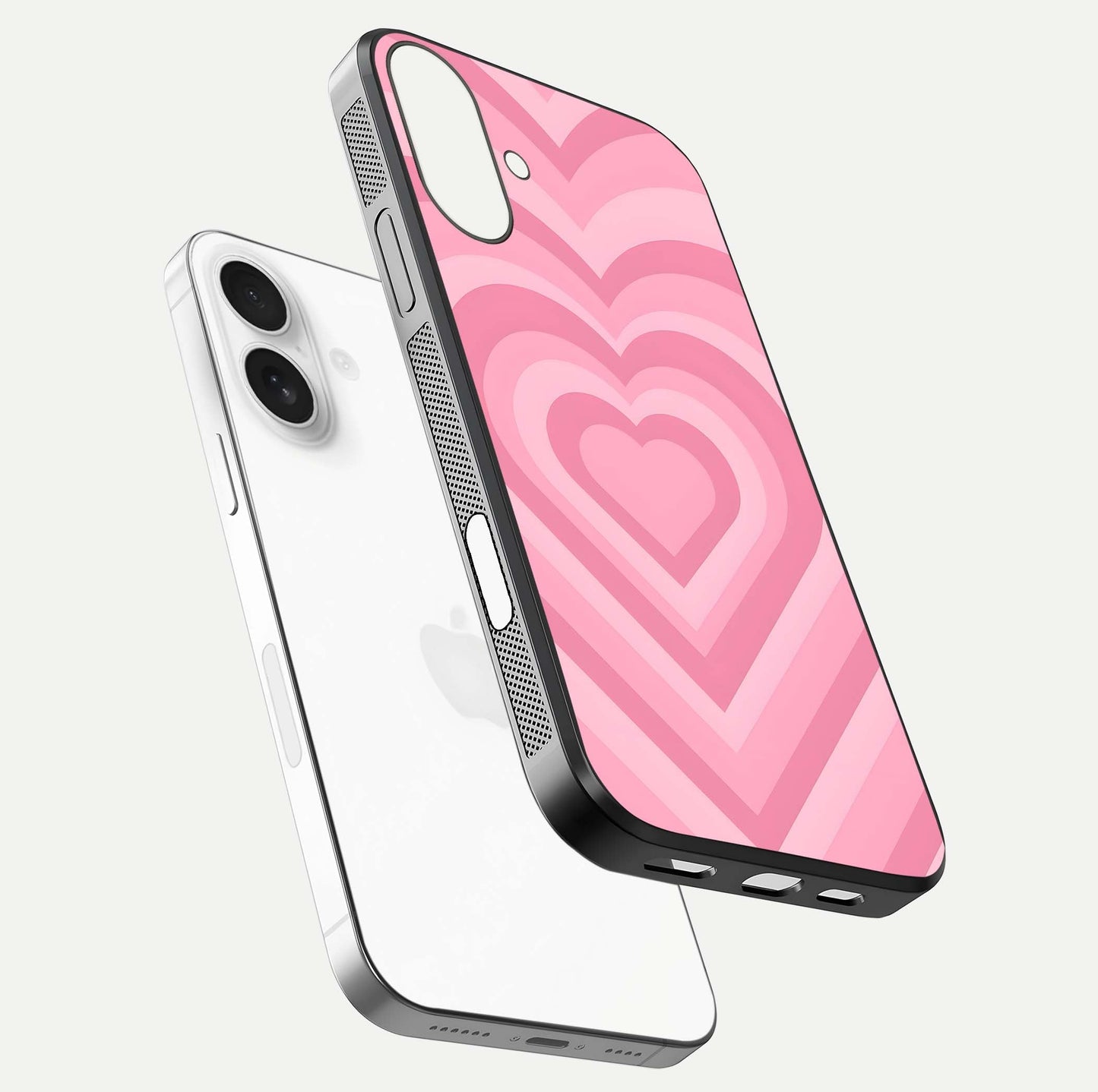 Blush Heart Waves iPhone 17 glass phone case floating view emphasizing glossy finish and layered heart design