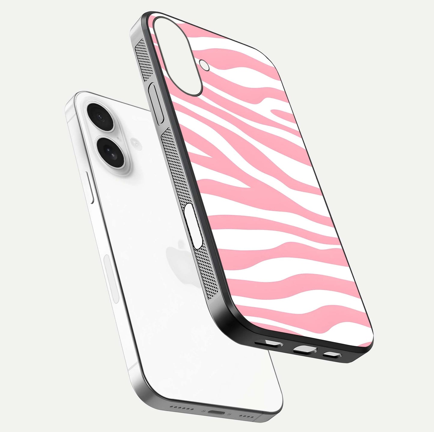 Blush Zebra Flow iPhone 17 glass phone case floating view emphasizing premium glossy surface and dynamic design