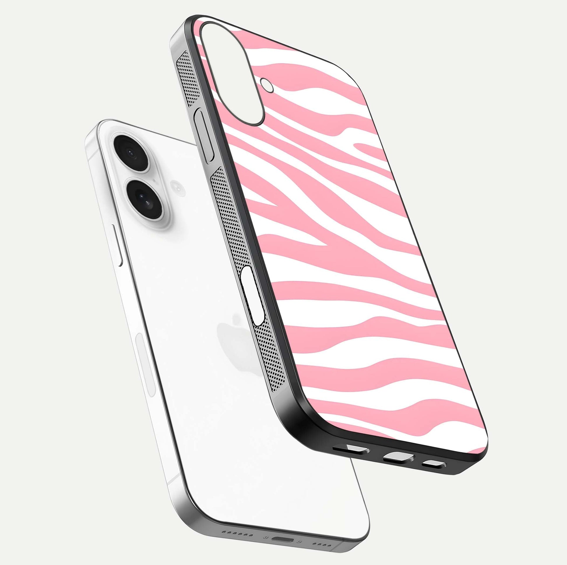 Blush Zebra Flow iPhone 17 glass phone case floating view emphasizing premium glossy surface and dynamic design