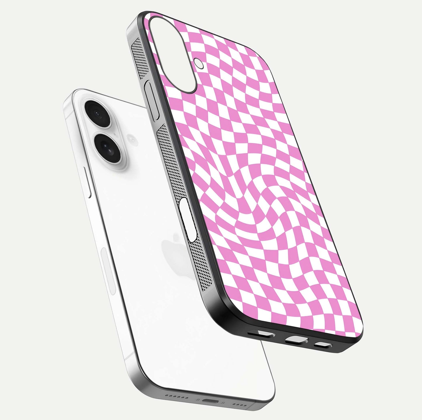 Bubblegum Check Wave iPhone 17 glass phone case floating view emphasizing premium glass finish and vibrant design