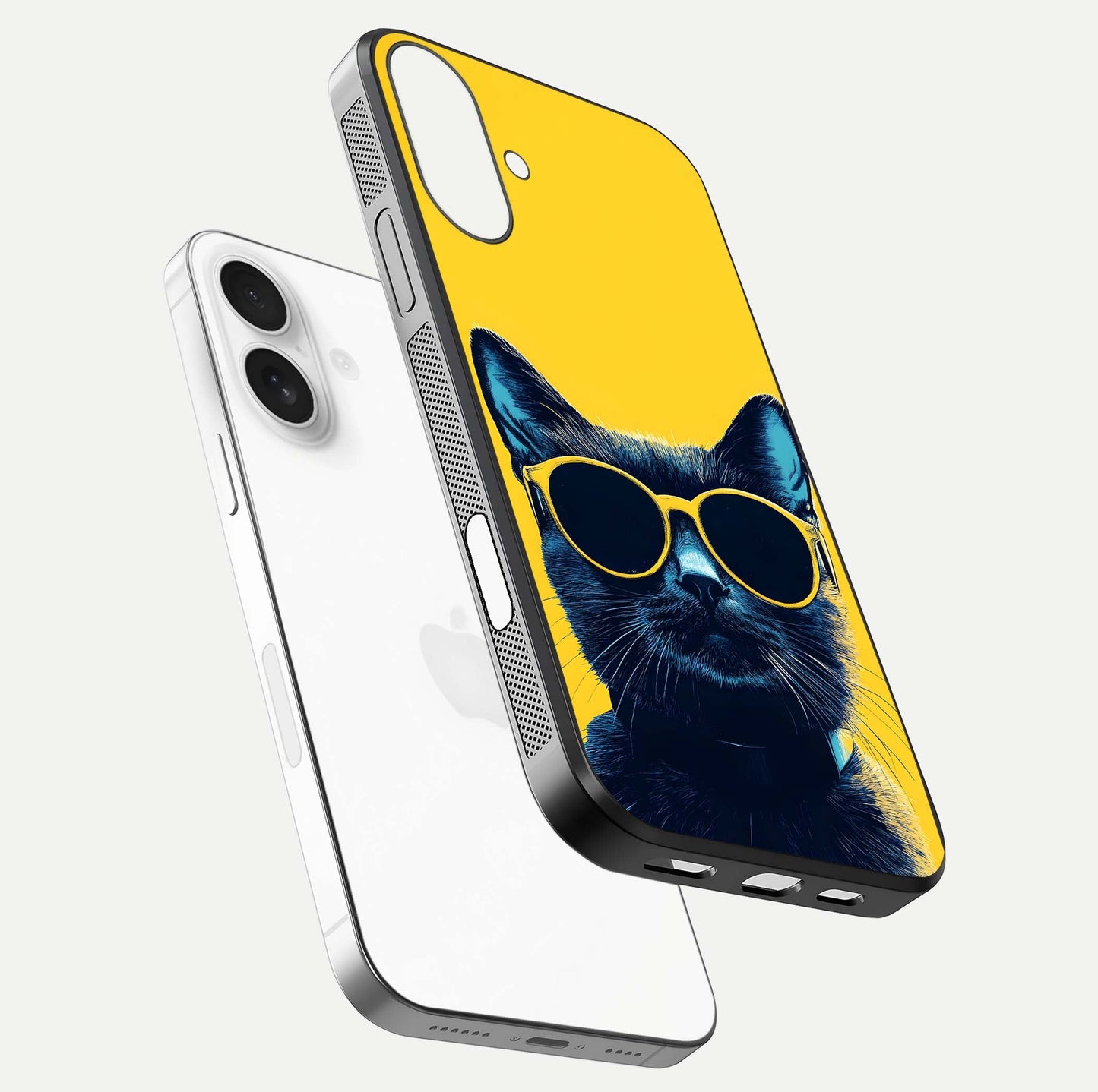 Cool Cat Vibes iPhone 17 glass phone case floating view emphasizing glossy finish and fun cat vibe