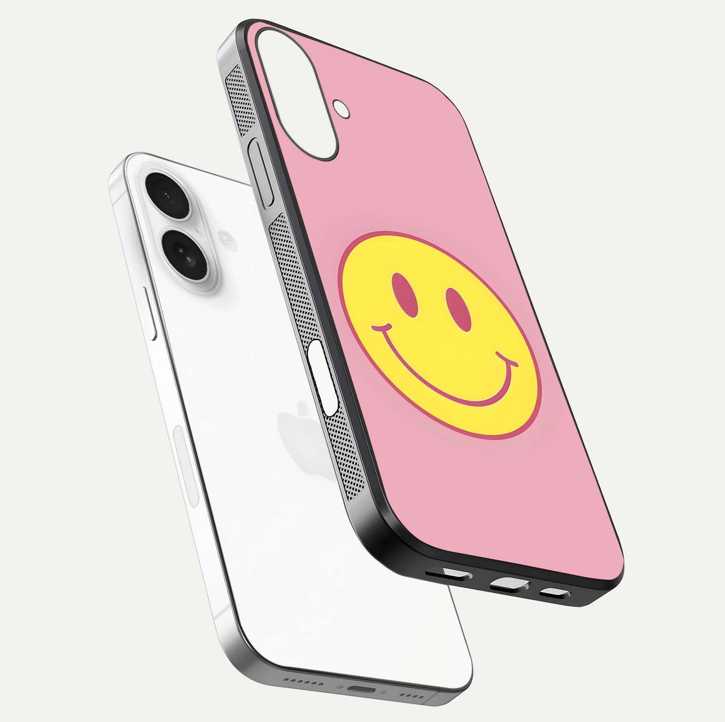 Happy Pink Mood iPhone 17 glass phone case floating view emphasizing glossy finish and joyful color palette