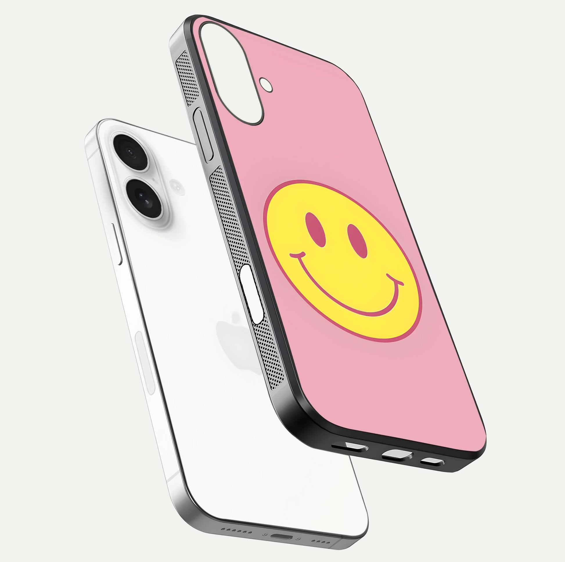 Happy Pink Mood iPhone 17 glass phone case floating view emphasizing glossy finish and joyful color palette