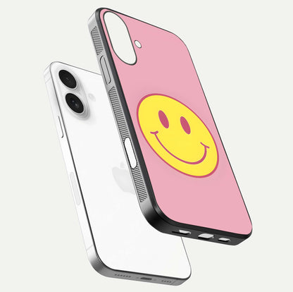 Happy Pink Mood iPhone 17 glass phone case floating view emphasizing glossy finish and joyful color palette