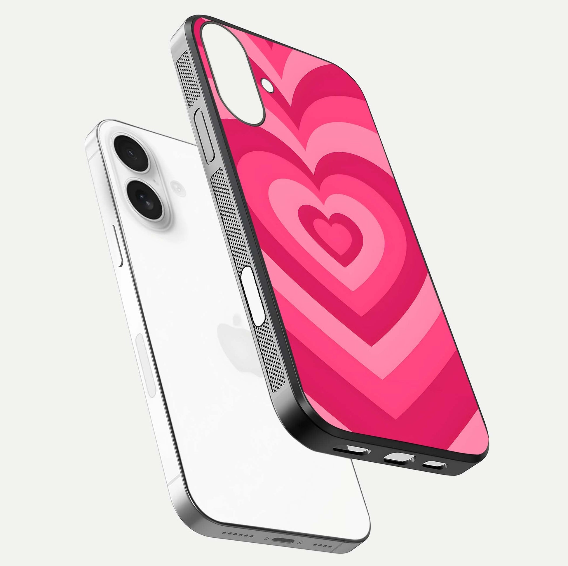 Layered Love Hearts iPhone 17 glass phone case floating view emphasizing glossy surface and layered heart details