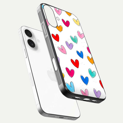 Playful Love Doodles iPhone 17 glass phone case floating view emphasizing glossy finish and playful design