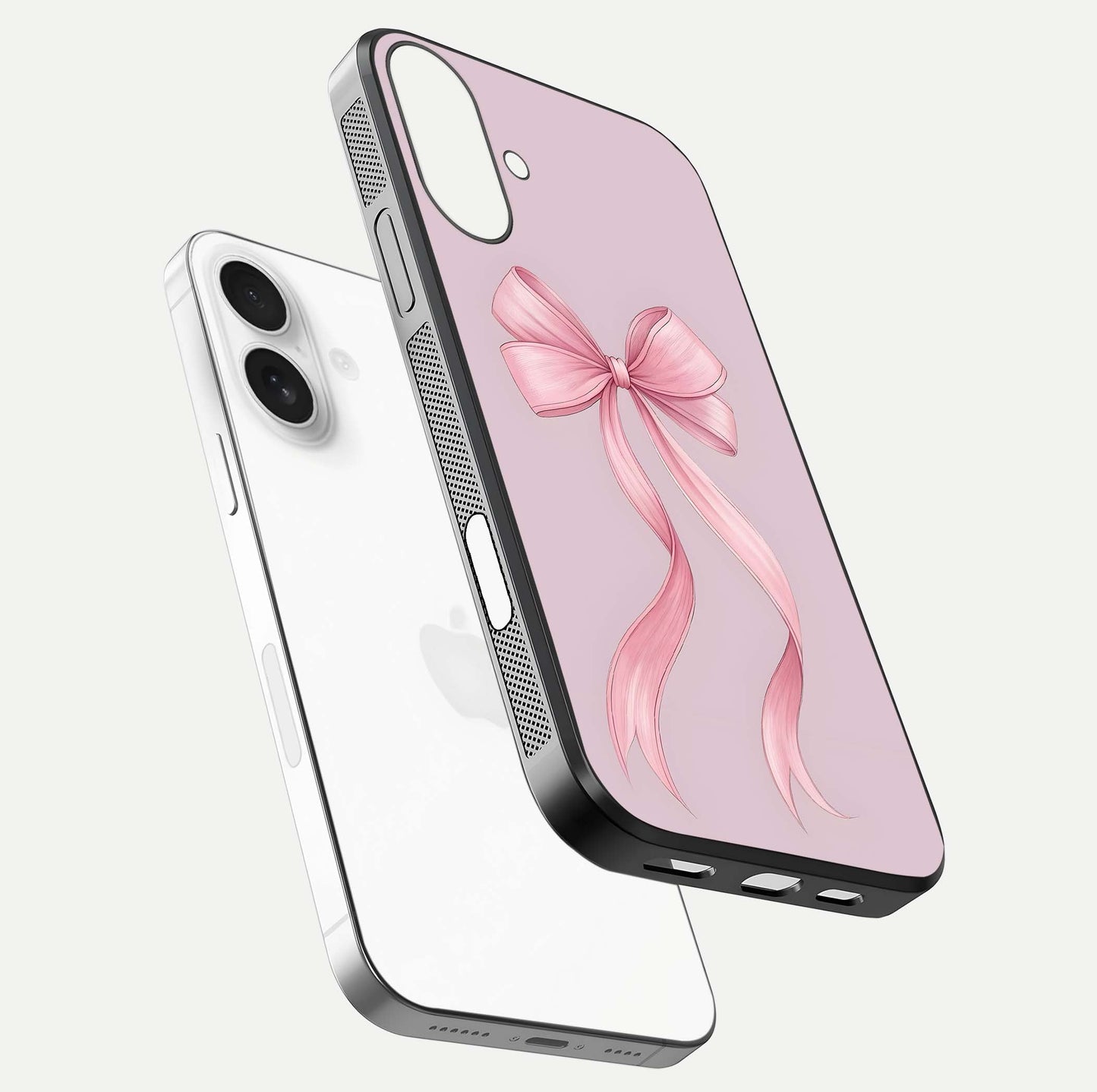 Soft Blush Bow iPhone 17 glass phone case floating view emphasizing glossy surface and soft feminine styling