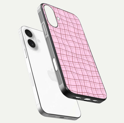 Soft Grid Bliss iPhone 17 glass phone case floating view emphasizing glossy surface and minimal styling